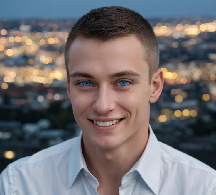 arafed man with blue eyes and a white shirt smiling