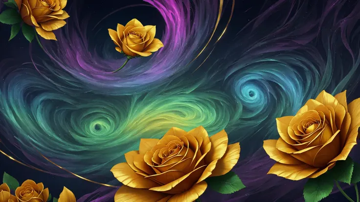 digital art, fractal  swiryl with julia n effects , fantasy shapes gold flora elements , perfect quality golden roses and rare gems and kyrstals , colorfull