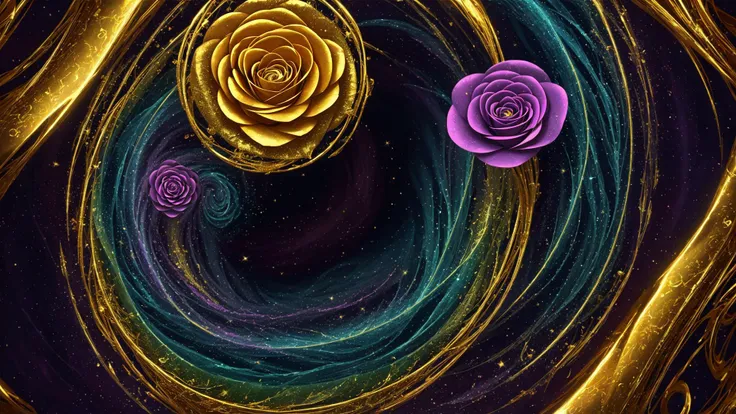 digital art, fractal  swiryl with julia n effects , fantasy shapes gold flora elements , perfect quality golden roses and rare gems and kyrstals , colorfull