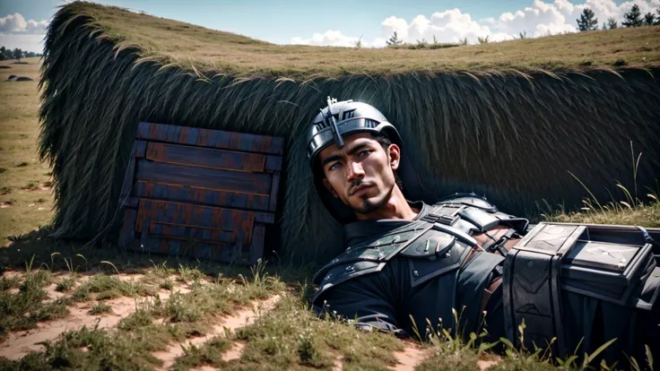 an awarded photo of 1man armored warrior, after battle, winner of the battle ,battleground, he stay with banner on a hill of perished enenmies, detailed skin, detailed face, ultradetailed, ultrasahrp, masterpiece, perfect quality, full body, natural lights...