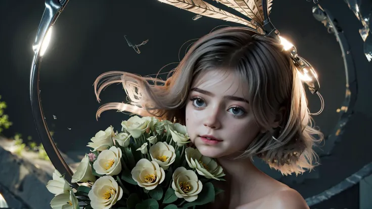 an awarded photo of 1girl perfect face, in summer garden full of flowers in egzotic alien planet, alien plants and alien flowers, she is happy and dancing with wind, leaves and colorful flowers blown by the wind, great scennery, harmonic, delicate pastel...