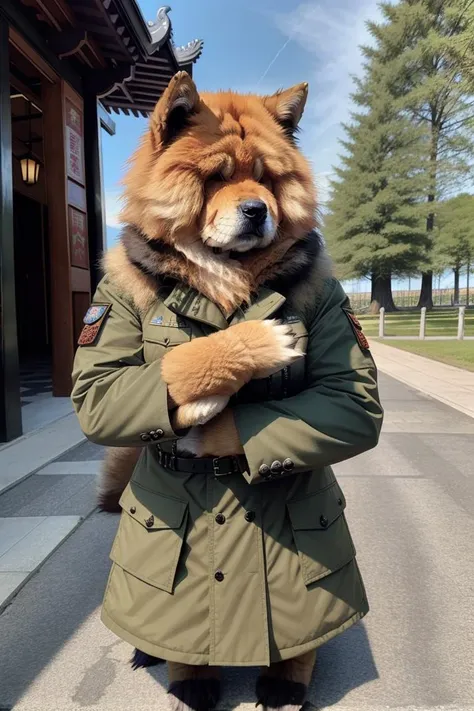 RAW photo, humanoid, a upper body photo of [[man:chow chow:2] ] a weredog dog ,chow chow,  Army overcoat, gothic_lolita , temple,   <lora:14_misi_1v5_1080_0001B5e_NR128NA128off-000002:0.8> <lora:7_wereanimal_1v5_768_0001BD5e_NR128NA128off-000002:0.2>, best...