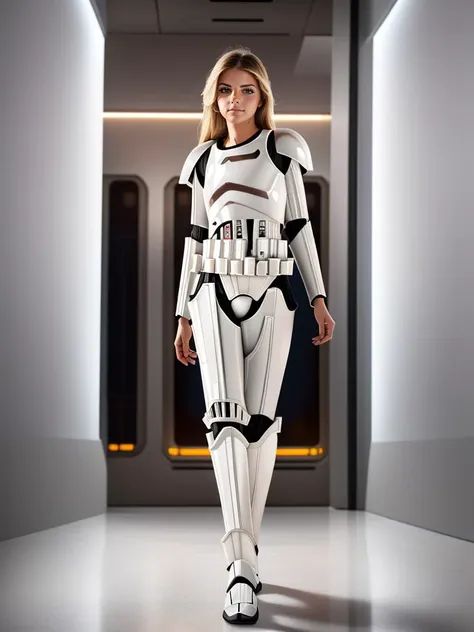 a woman in a stormtrooper costume walking down a hallway