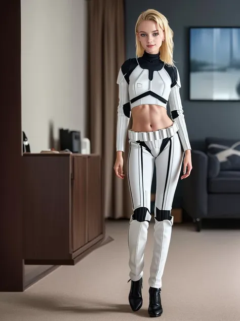 a woman in a white and black outfit standing in a living room