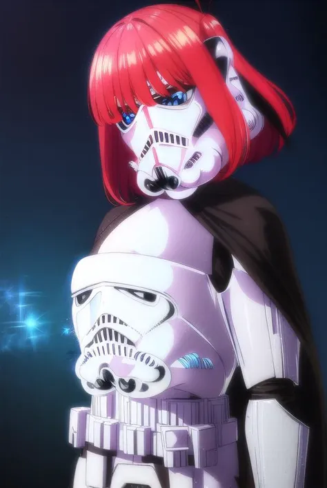 anime girl with red hair and a storm trooper helmet