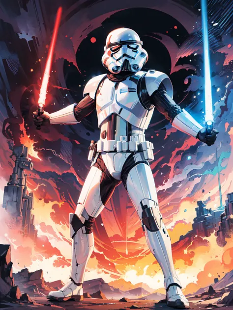 ((masterpiece)), (best quality, highres), 1boy, standing, full body, stance, holding lightsaber with one hand, clenched hand, <lora:stormtrooper-lora-nochekaiser:1>, stormtrooper, armor, helmet, bodysuit, <lora:TUYA5:0.6>, surrealistic, tuyawang, abstract,...