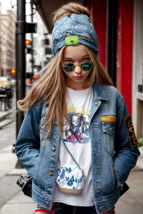 a woman wearing a denim jacket and a hat and sunglasses