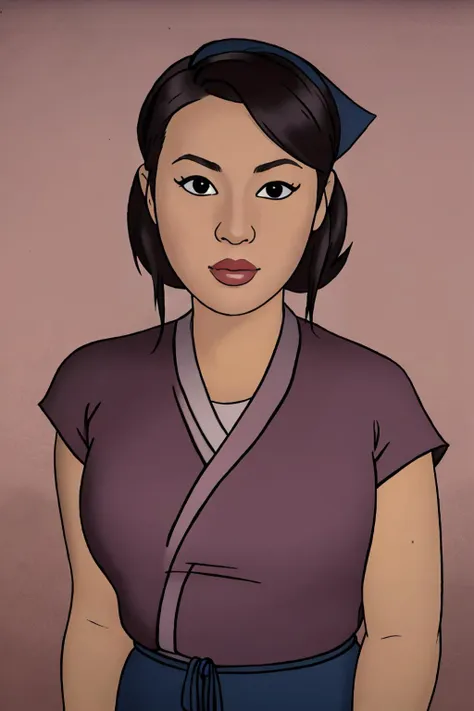 a cartoon of a woman with a blue hat and a purple shirt