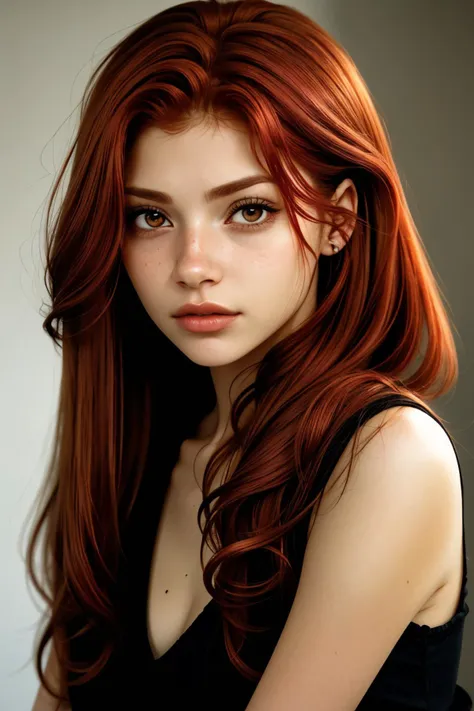 a close up of a woman with long red hair and a black top