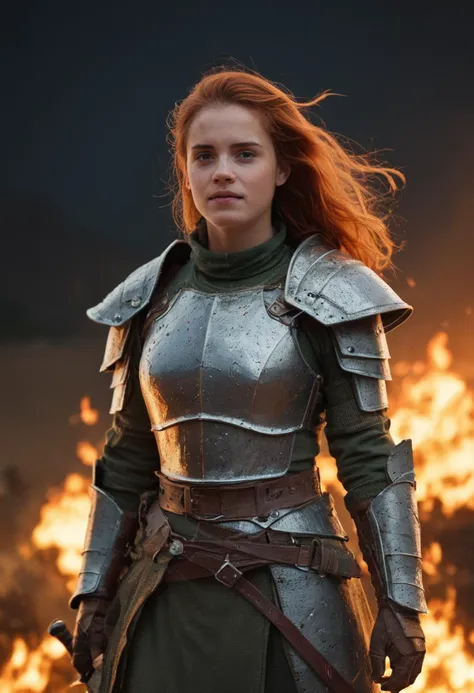 a woman in armor standing in front of a fire