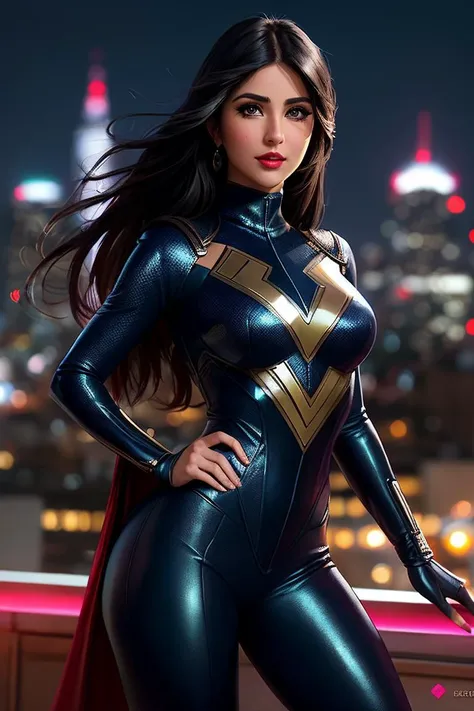 photo of seductive (k4trik4if-125:0.99), a woman as a sexy superhero, (closeup portrait:1.2), (tight marvel superhero outfit:1.1), in a (rooftop with a cityscape in the backgroundn), (long trousers), (masterpiece:1.5) (photorealistic:1.1) (bokeh) (best qua...