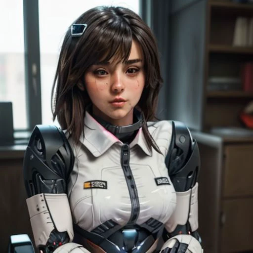 a close up of a woman in a suit sitting on a chair