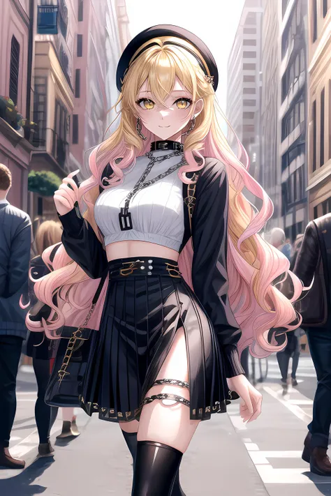 1girl, solo, female focus, long wavy hair, honey blonde hair, medium breasts, young woman, happy expression, yellow eyes, hair between eyes, ringlet curls, long hair, best quality, masterpiece, highres,,edgPastelGoth,pink outfit,chain skirt,wearing edgPast...