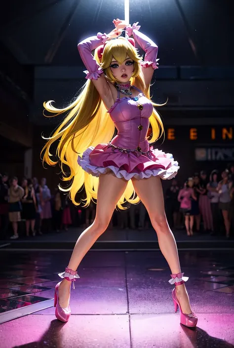 realistic analog photo, award winning photo,
 <lora:princesspeach-lora-nochekaiser:0.75>princess peach, blonde hair, blue eyes, long hair,
 <lora:edgPastelGothFashionv1:0.75> wearing edgPastelGoth, pink outfit, chain skirt, 
dancing in dimly lit undergroun...