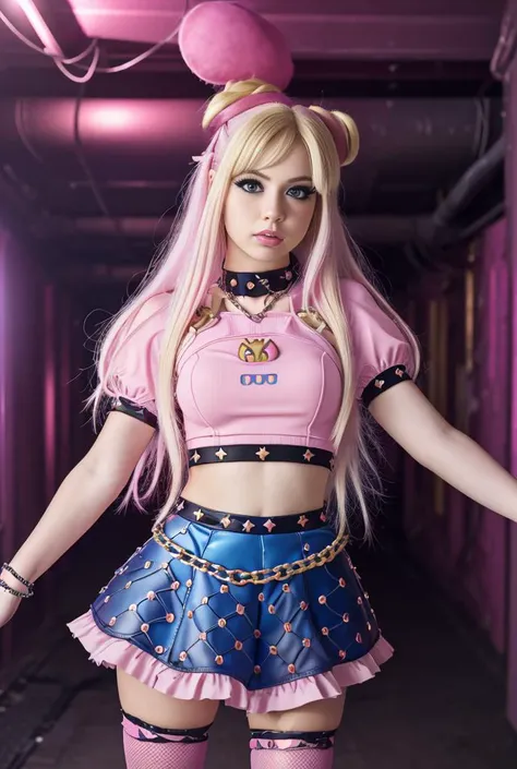 realistic analog photo, award winning photo,
 <lora:princesspeach-lora-nochekaiser:0.75>princess peach, blonde hair, blue eyes, long hair,
 <lora:edgPastelGothFashionv1:0.75> wearing edgPastelGoth, pink outfit, chain skirt, 
dancing in dimly lit undergroun...