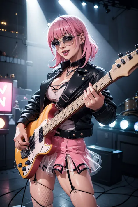 ((Masterpiece, best quality,edgQuality)), (detailed background, cowboy shot, playing electric guitar, concert, stage), 1girl, <lora:anime_guitarv1:0.8>, glossy, bimbo, smiling, excited, edgPastelGoth, a woman with pink hair and fishnets posing for a pictur...