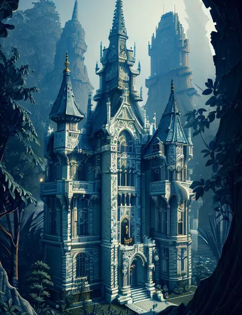 a large castle in the middle of a forest with a clock tower