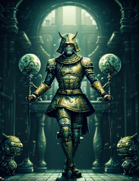 a man in armor holding a sword and standing in front of a group of monsters