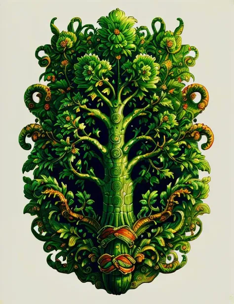 a drawing of a tree with many leaves and a snake