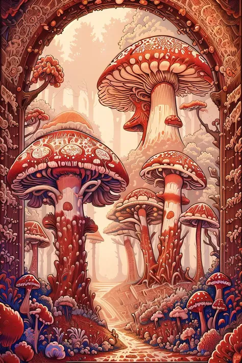 a painting of mushrooms in a forest with a path