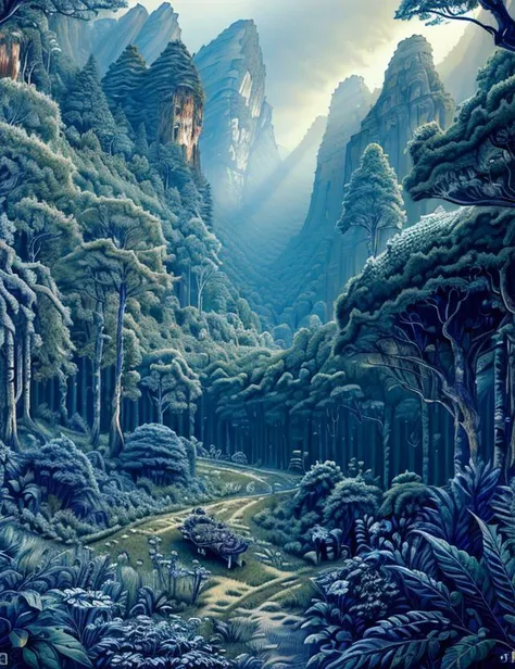 a painting of a mountain scene with a river and trees