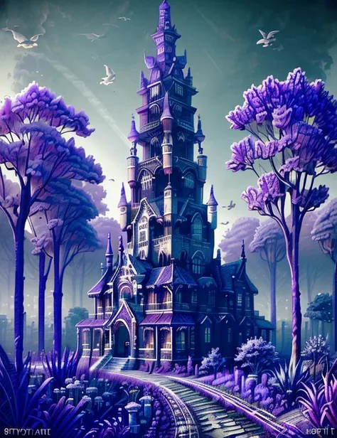 a painting of a purple castle surrounded by trees and birds