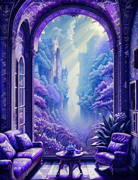 a painting of a purple room with a purple couch and a table