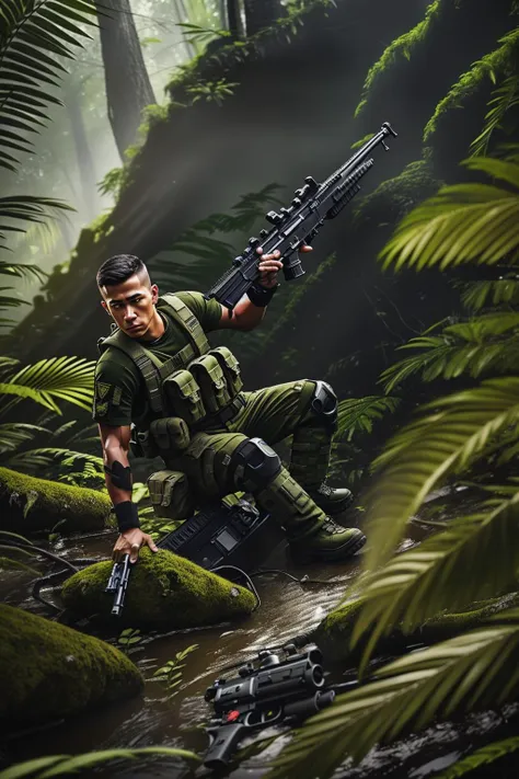 fantchar, a futuristic military soldier with a gun in combat in the jungle, realistic, highly detailed, intricate