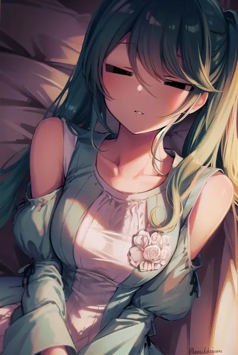 anime girl with long green hair and blue eyes sitting on a bed