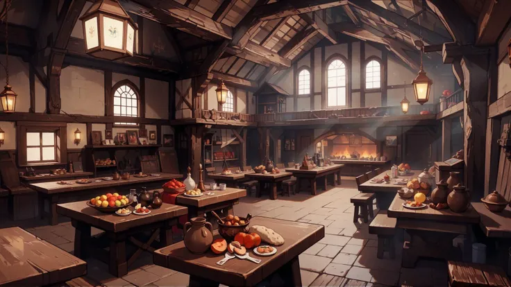 a beautifull well lid interior of an old medieval large double floor tavern hall, with a lot of undecorated tables, medieval fruits, meat, bread and beer in old jugs, warm fireside glow, bright lanterns