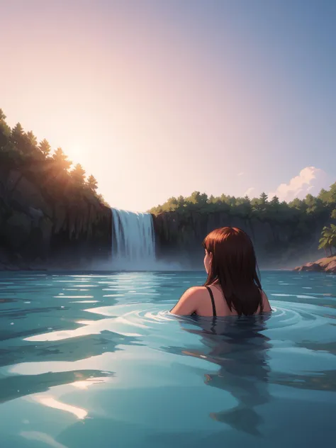 girl swimming in lake by waterfall