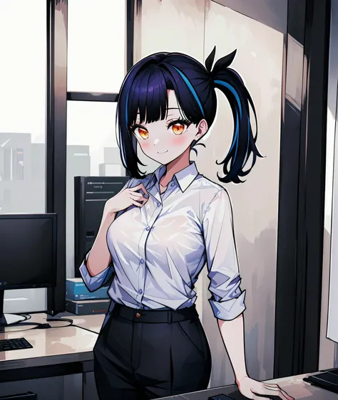 <lora:agingdiffusion_based_isedol-000008:0.8>, (1girl, solo, masterpiece, best quality, extremely detail, absurdres), indoors, light smile, blush, shirt, collared shirt, suit, formal_trousers, office, (lilpa, blue hair, black hair, two-tone hair, side pony...