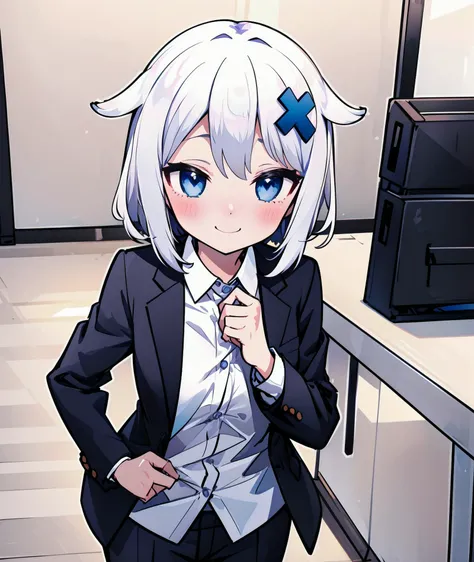 <lora:agingdiffusion_based_isedol-000008:0.8>, (1girl, solo, masterpiece, best quality, extremely detail, absurdres), indoors, light smile, blush, shirt, collared shirt, suit, formal_trousers, office, (gosegu, blue eyes, white hair, short hair, x hair orna...