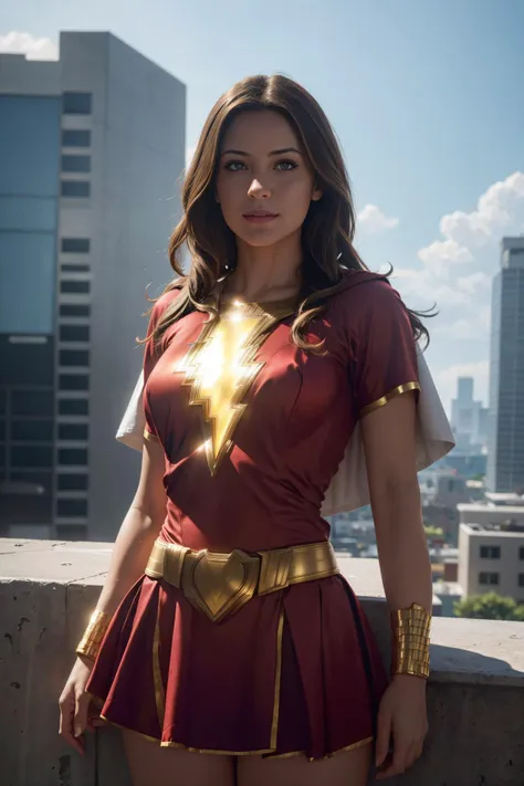 a woman in a red and gold costume posing on a ledge