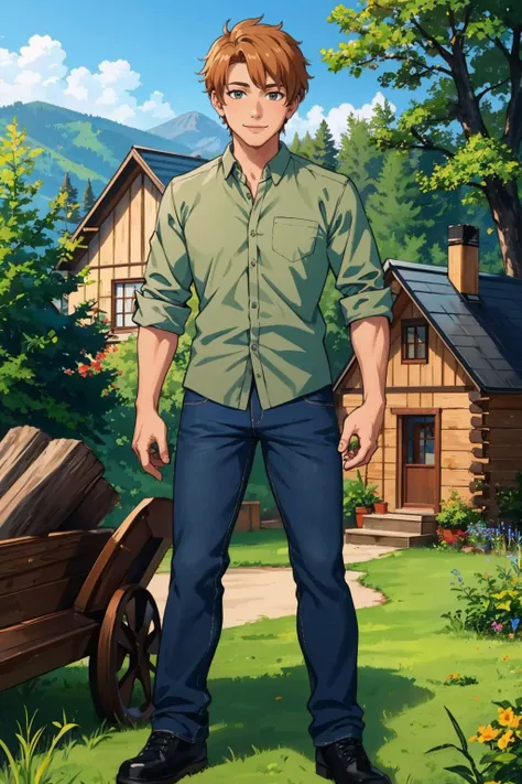 masterpiece, best quality,  <lora:Guide:0.9> guide, green shirt, blue pants, black footwear, standing, outdoors, house, log cabin, forest, looking at viewer, smile, cabin