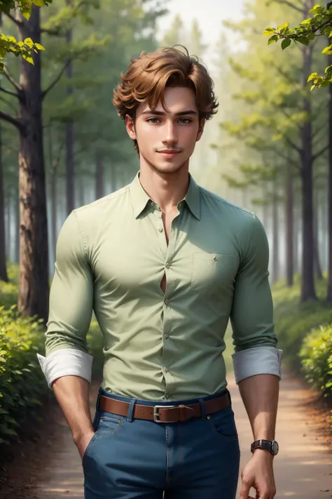 masterpiece, best quality,  <lora:Guide:0.9> guide, green shirt, blue pants, black footwear, standing, upper body, looking at viewer, smile, handsome, forest