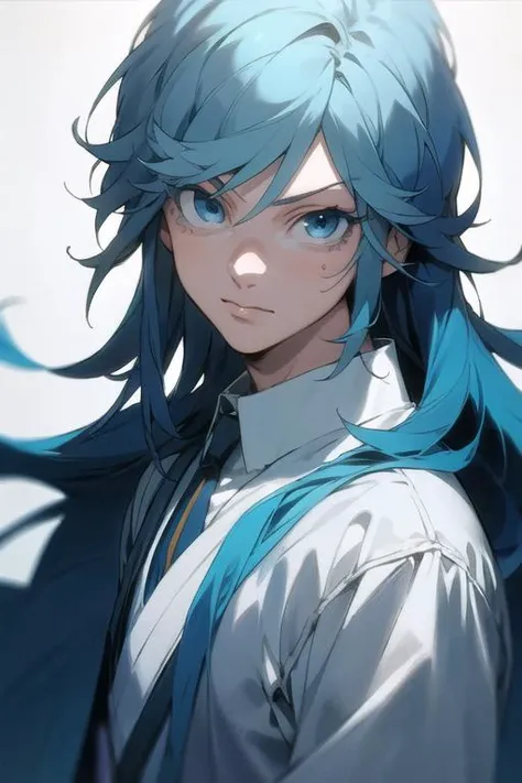 masterpiece, best quality, high quality, 1boy, solo, male focus, looking at viewer, upper body, <lora:akira_kemono_jihen:0.74>, akira_kemono_jihen, long hair, blue eyes, blue hair, realistic,