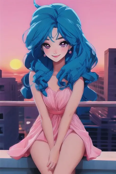 beautiful lady, (freckles:0.1) fine heavy grain, big smile, dark makeup, hyperdetailed photography, soft light, head and shoulders portrait, cover, 80s anime big eyes, blue hair , sitting on the rooftop, pink sunset  , 80s hair anime style