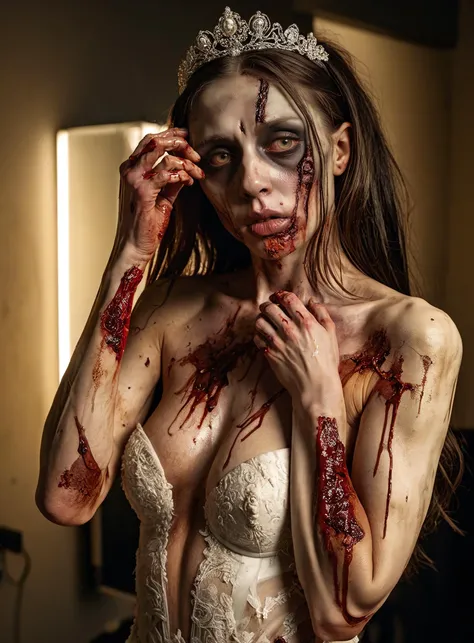 DSLR Photo of a zombie wedding day, intimate portrait of a zombie bride in dressing room, fixing her hair long hair before the wedding, zombie flesh falling off, detailed zombie face wounds, graphic violence, cinematic lighting, volumetric light rays cast ...