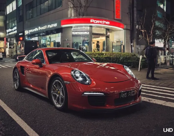 Porsche in Tokyo, night photo, reflections, 4k, uhd, hdr