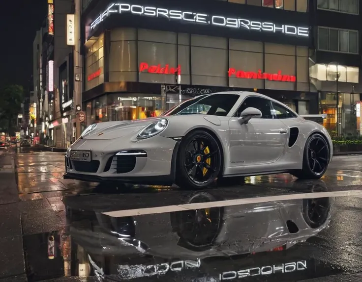 Porsche in Tokyo, night photo, reflections, 4k, uhd, hdr