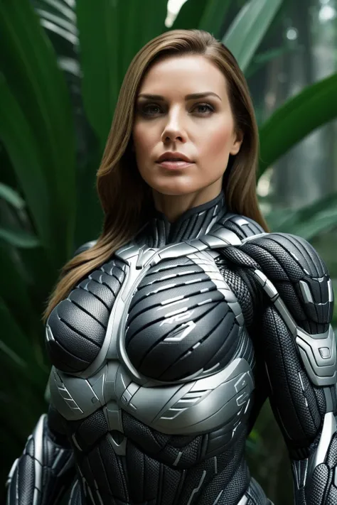 A photo portrait of a woman wearing Crysis nanosuit, cinematic composition, photorealistic hyperrealism,  <lora:nanosuit_xl:0.7>