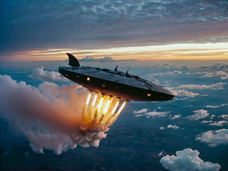 the asgard spaceship Biliskner on an uncontrolled atmospheric reentry engulfed in plumes of fire BREAK gorgeous sunset clouds over the mountain in the background BREAK film still from 80s b-movie . highly detailed, panavision, moody, foggy film, soft glare...