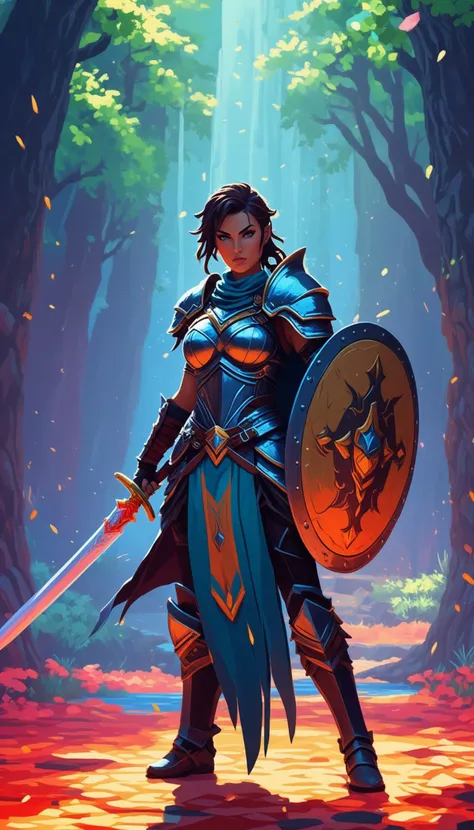 Pixel art of a fierce female warrior with a sword and shield in a fantasy setting, featuring vibrant colors, dynamic lighting, and a dramatic, epic mood