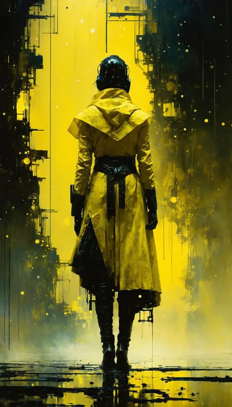 science fictional movie still, ((in style of Jeremy Mann and Wadim Kashin)), (black and yellow), vintage,
masterpiece, visually stunning, evocative, best quality, very intricate and detailed,