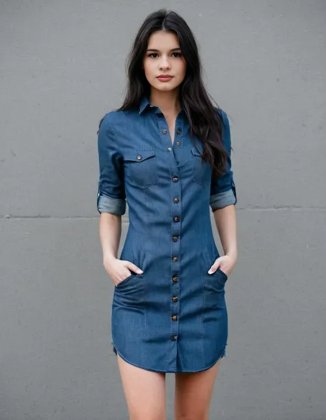 dark hair, girl, slim, Denim button-down shirt dress with patch pockets