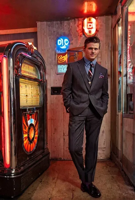 Portrait Photo of an actor in 1960s attire, leaning against a classic diners jukebox, under vibrant and contrasting lighting, from a slightly tilted angle, embodying the mood of cool and retro )((dodge and burn, corner edge darken vignette)((exposure POP!!...