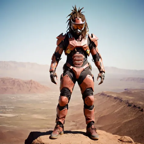 <lora:riiahworldxl:0.8> rhwrld man, dreads, wearing motocross gear (sci-fi) photo of a (fit rhwrld man futuristic samurai standing on rock overlooking Martian valley on earth), ,  looking at viewer, (wearing skintight white and jump suit, full body), fit b...