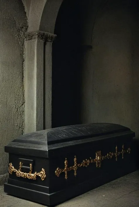 analog film photo ((Castle royal crypt))((adult sarcophagus casket catafalque pall funerary  inside coffin))(epic dramatic missing still photo from Acadamy Award winning 1970s drama suspense movie)BREAK(perfect emotional lighting and cinematography)BREAK(p...