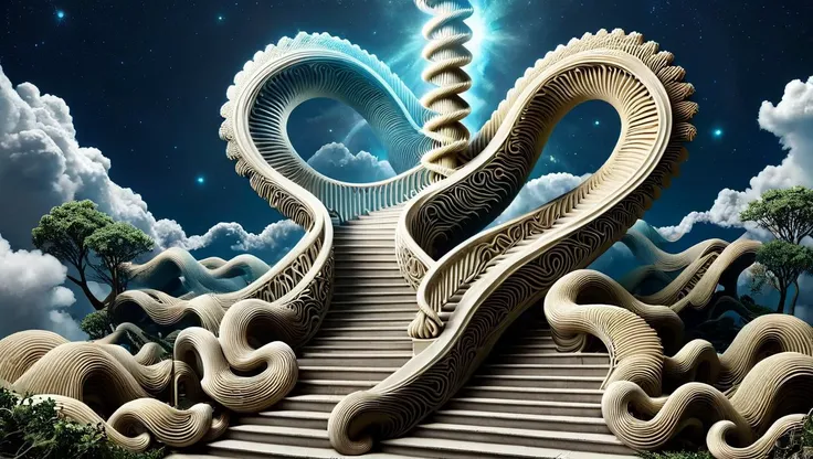 <lora:ral-3dwvz:1.4> ral-3dwvz, the (((stairway to heaven))) turns into a ((double helix strand of DNA)), reincarnation ouroboros, (symmetrical clouds), heavenly, angelic, cycle of life, [[tree]] of life, cosmic,